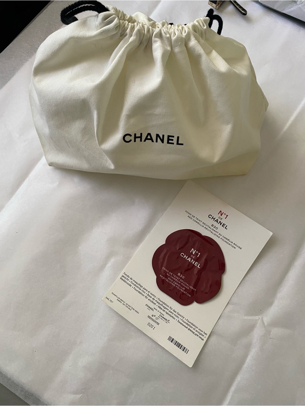 CHANEL Cream Drawstring Dust Bag with Burgundy Sample Card